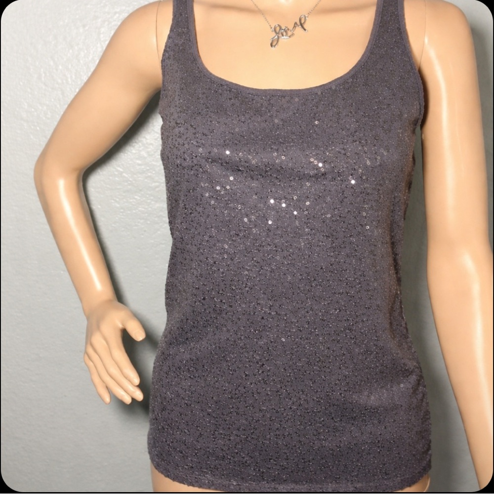 Sequined Scoop Neck Tank Top - Charcoal New York and Company